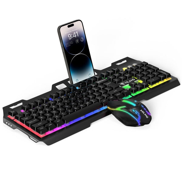 USB Wired Gaming Keyboard & Mouse Mechanical Feel RGB Backlit Light+Phone Holder