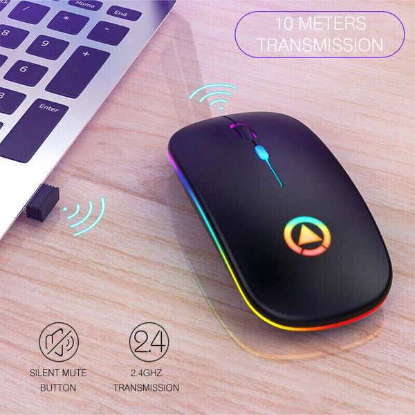 2.4GHz Wireless Optical Mouse USB Rechargeable RGB Cordless Mice For PC Laptop